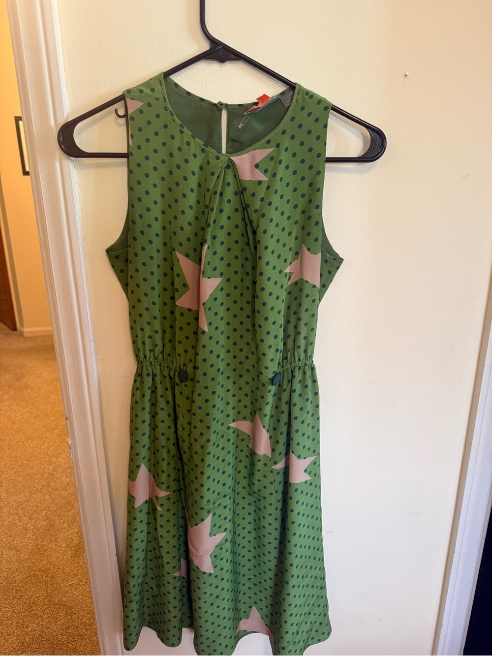 Green Polka Dot Midi Dress with Pink Star Accents